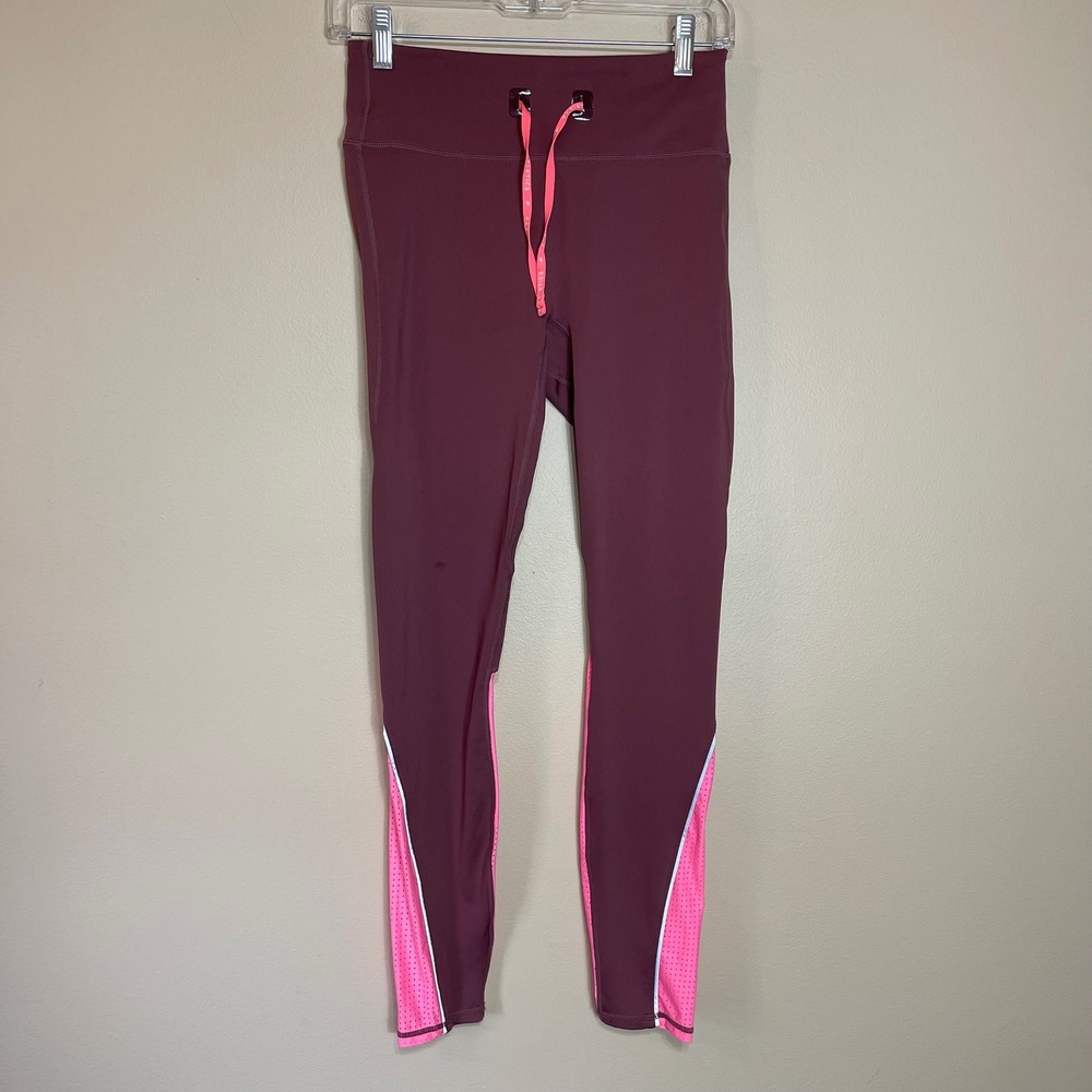 Fabletics Womens Burgundy Neon Pink Mesh Panel High Rise Leggings Size M